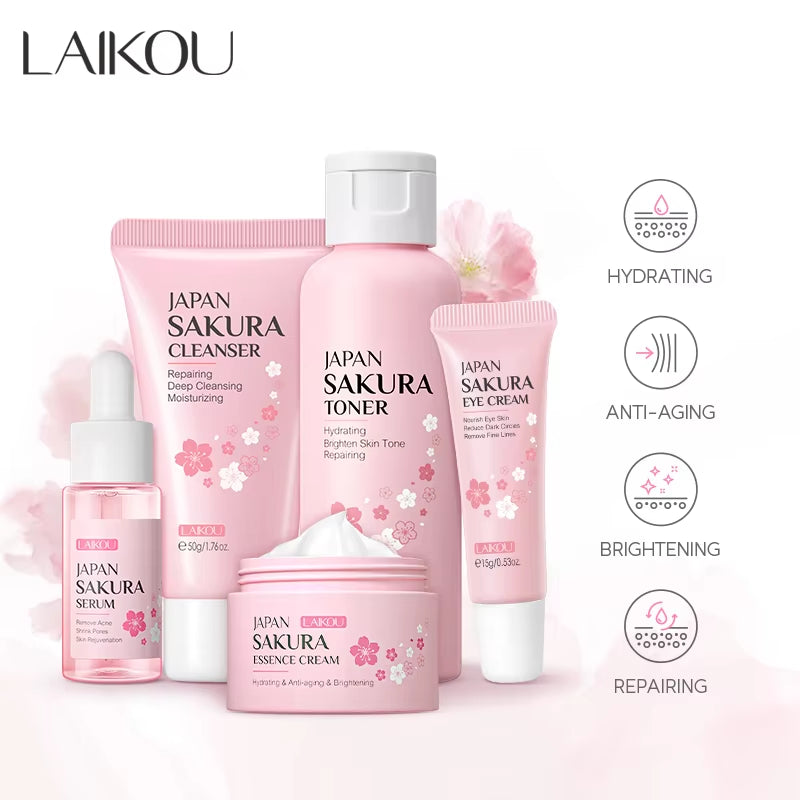 Japan Sakura Skin Care Set Serum Rejuvenating Cream Glowing Moisturizer Fade Blemishes 5Pcs