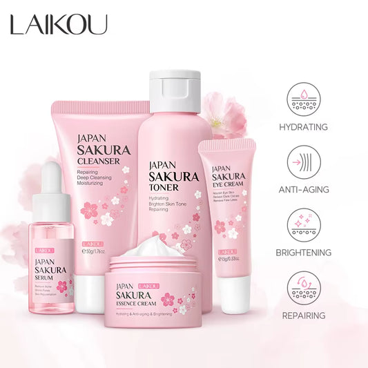 Japan Sakura Skin Care Set Serum Rejuvenating Cream Glowing Moisturizer Fade Blemishes 5Pcs