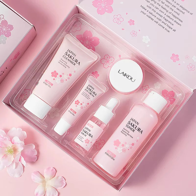 Japan Sakura Skin Care Set Serum Rejuvenating Cream Glowing Moisturizer Fade Blemishes 5Pcs